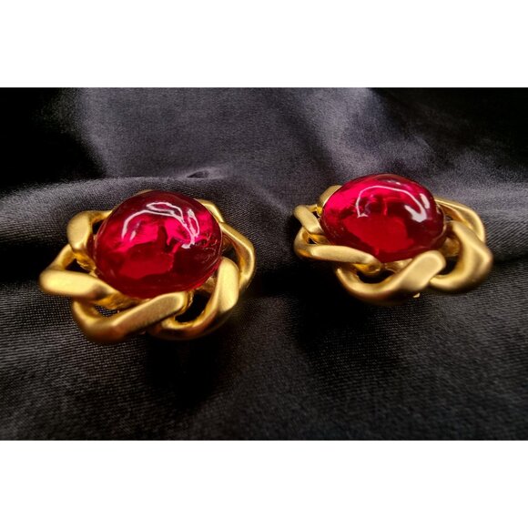 Rare Find Vintage CINER Signed Red Glass Art Deco Gold Tone Clip On Earrings - Picture 4 of 6